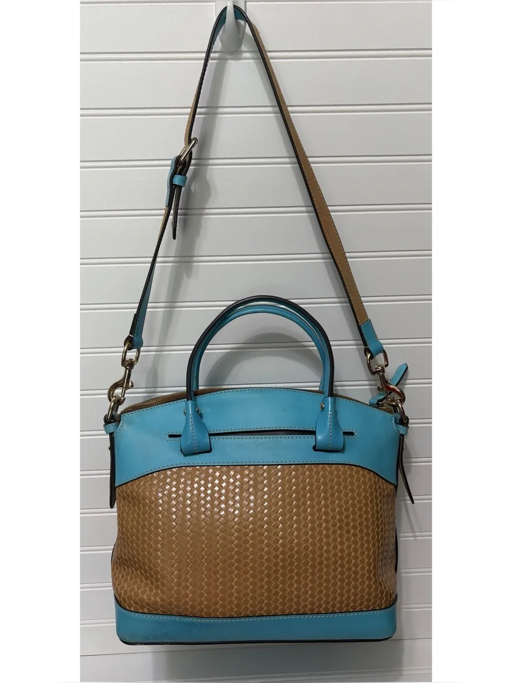 Dooney & Bourke Blue Leather Brown Woven Domed Satchel Shoulder Bag Purse Tote